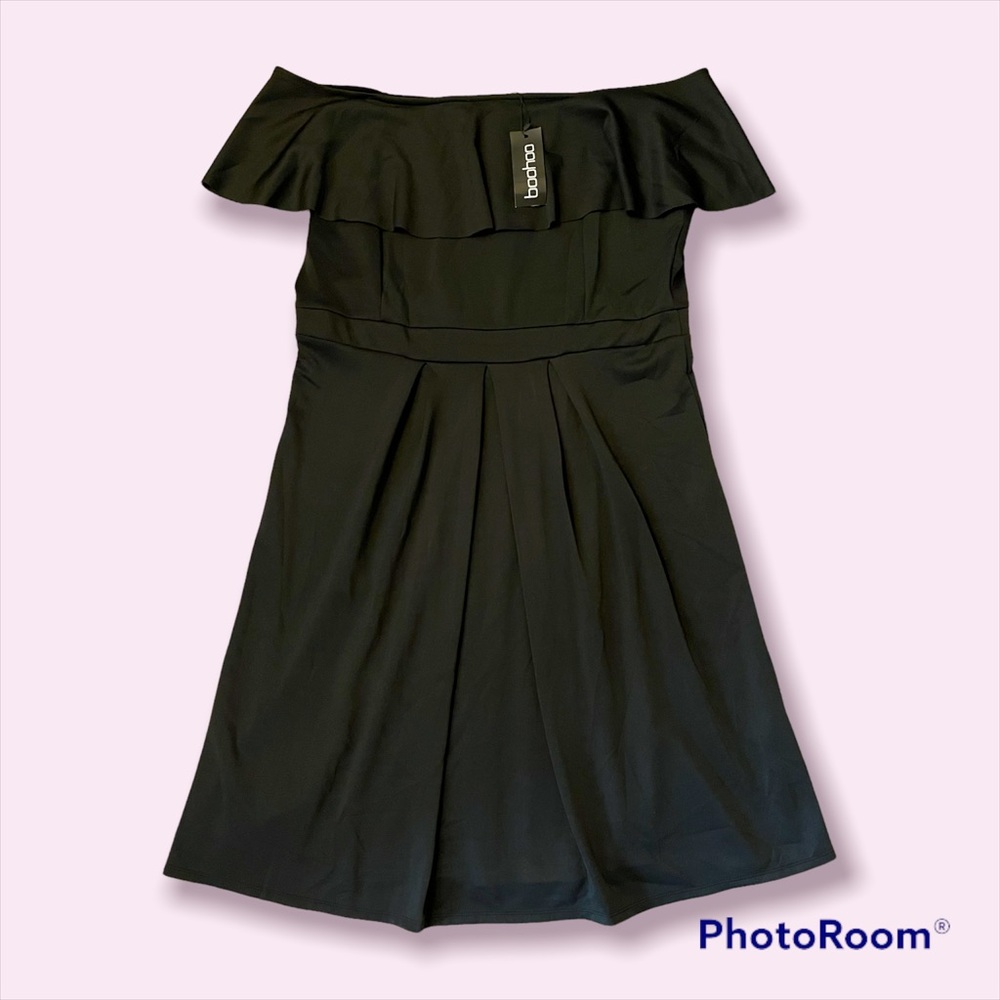 Off shoulder pleated black dress